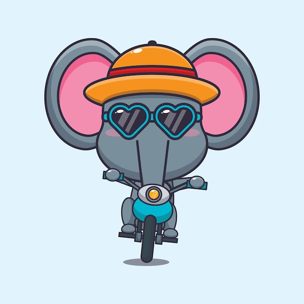 Elefante legal com óculos de sol andando de moto em dia de verão.