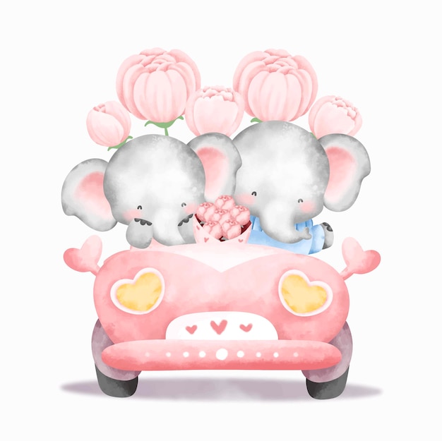 Elefante lindo casal em aquarela em um carro rosa com flores