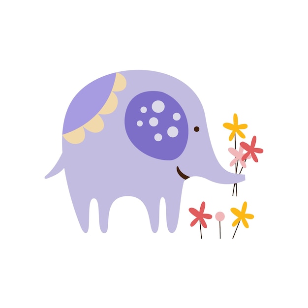 Elefante roxo colhendo flores