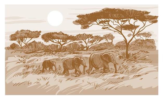 Vetor elefantes caminham pela savana paisagem africana esboço de ilustração vector desenhado à mão