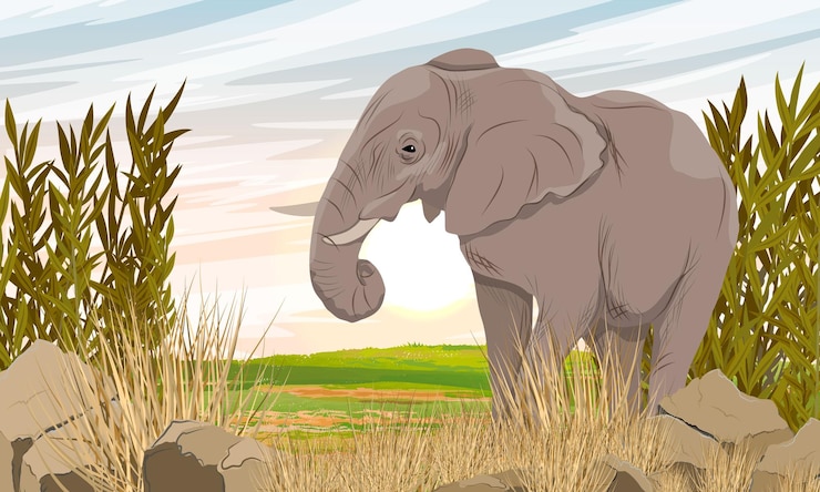 Vetor elefantes de bush africanos na savana com rochas e plantas altas