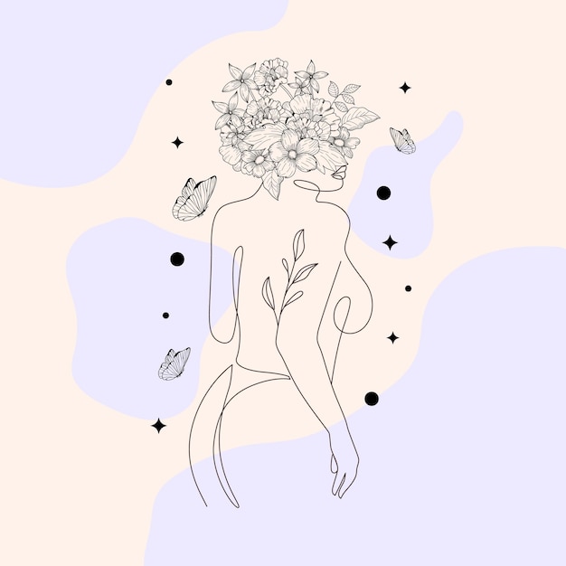 Elegança Mulher desenhada monolina floral botânica padrão de flores desenho de fundo