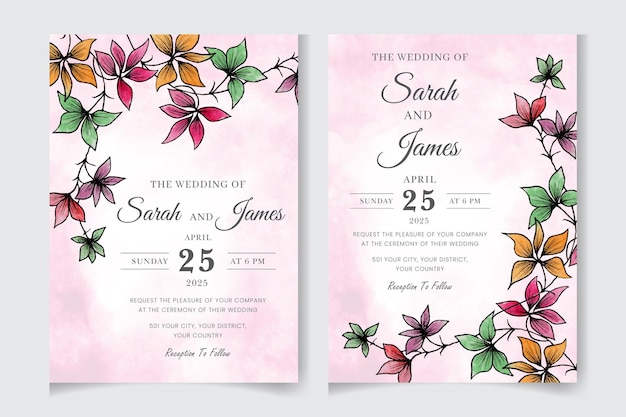 Elegant hand desenhou um convite de casamento em aquarela, um modelo de menu e um design de moldura floral