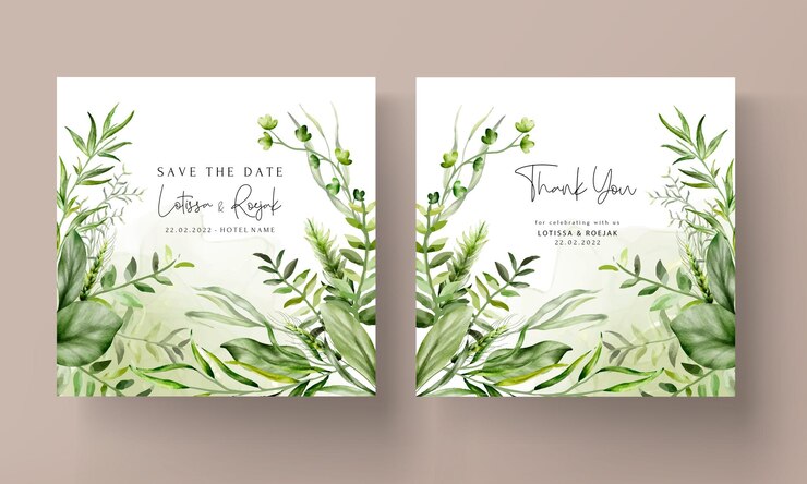 elegante aquarela verde grama e folhas modelo de conjunto de cartão de convite de casamento