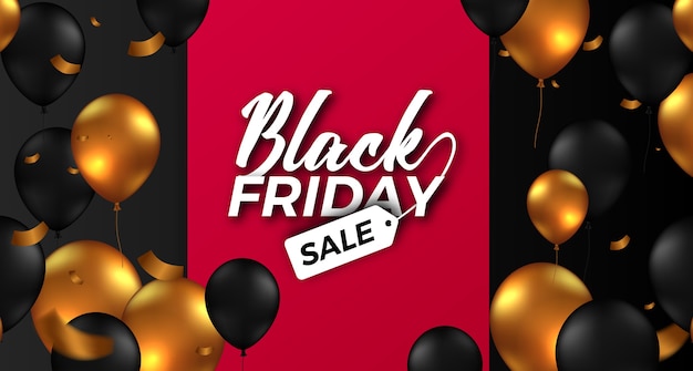 Elegante banner preto de oferta de venda de sexta-feira com balão de hélio voador
