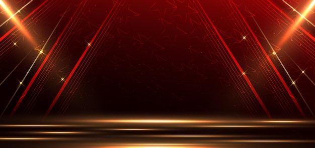 Elegante cena dourada diagonal brilhante com efeito de iluminação brilhante em fundo vermelho