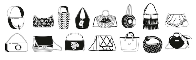Elegante conjunto de bolsas femininas em preto e branco e bolsas perfeitas para qualquer ocasião Design elegante e opções versáteis para uma coleção de acessórios modernos e funcionais ilustração vetorial