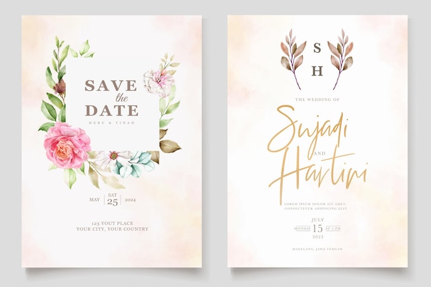 elegante conjunto de cartão de casamento floral aquarela