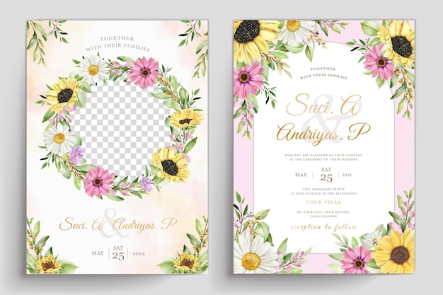 Elegante conjunto de cartão de convite de casamento de flores de margarida e sol