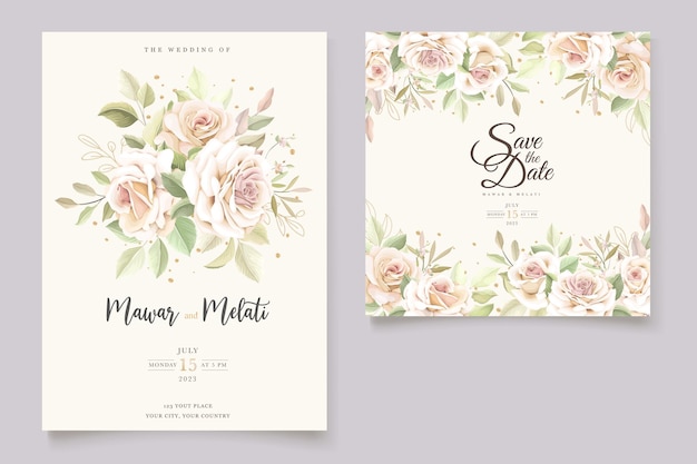 Elegante conjunto de cartão de convite de rosas desenhadas à mão