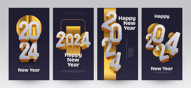 Vetor elegante conjunto de cartazes de feliz ano novo 2024 com números 3d adequados para capa de cartaz de cartaz e modelo de postagem de mídia social