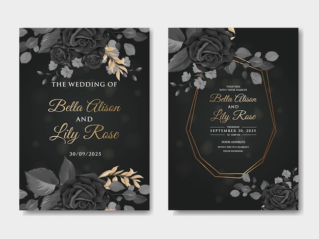 Elegante convite de casamento floral preto e dourado