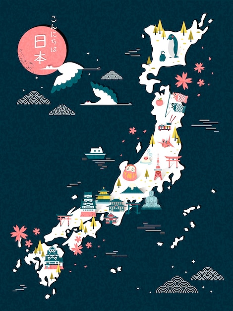 Elegante desenho de mapa de viagem para o Japão - Hello Japan em japonês no canto superior esquerdo