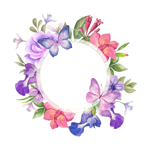 elegante e adorável aquarela moldura floral com lindas borboletas azuis e roxas