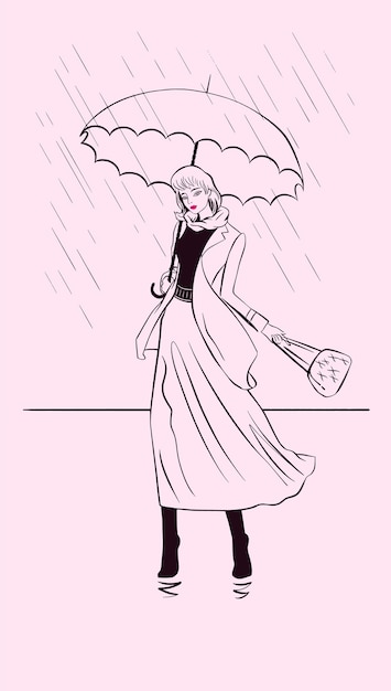 Elegante elegante elegante mulher bonita com guarda-chuva sob chuva, desenho de forro minimalista