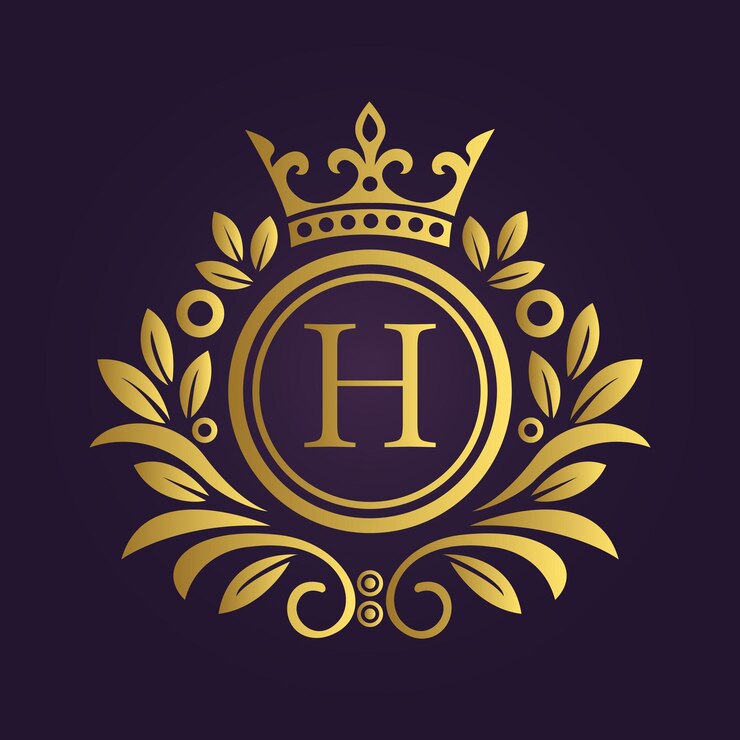 Elegante emblema de ouro com a letra H, coroa de louro e coroa em roxo