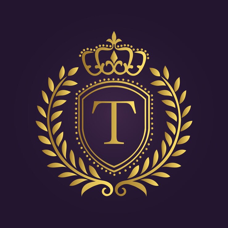 Elegante emblema de ouro com escudo, letra T, coroa de louro e coroa