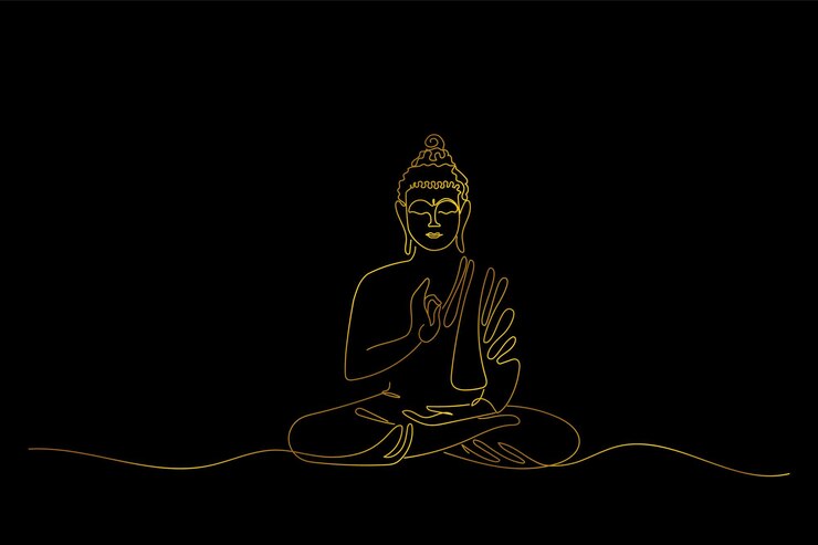 Elegante ilustração de arte de linha dourada de Buda meditando