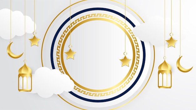 Elegante lanterna dourada árabe ouro branco fundo de design islâmico fundo de banner universal ramadan kareem com mesquita de padrão islâmico de lua de lanterna e elementos islâmicos abstratos de luxo