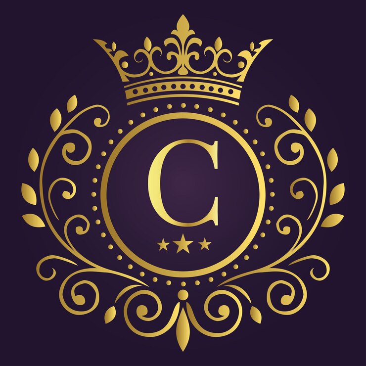 Vetor elegante letra dourada c com coroa de louro e coroa em fundo roxo profundo para um design real