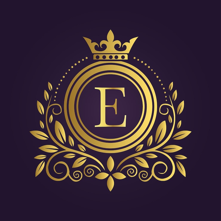 Vetor elegante letra dourada e com coroa de louro e coroa em fundo roxo profundo para um regal