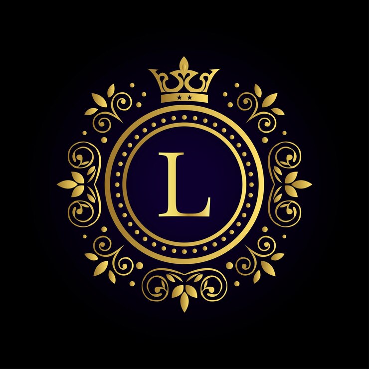 Vetor elegante letra l dourada com coroa de louro e coroa em fundo roxo profundo para um design real