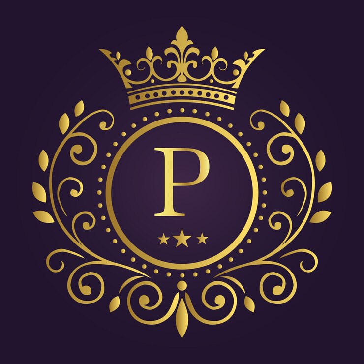 Vetor elegante letra p dourada com coroa de louro e coroa em fundo roxo profundo para um design real