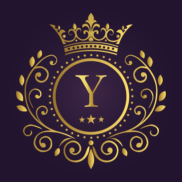 Vetor elegante letra y dourada com coroa de louro e coroa em fundo roxo profundo para um design real