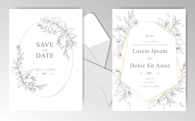 Elegante mão desenhada modelo de cartões de convite de casamento com folhas bonitas
