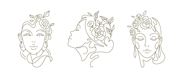 Elegante mulher gentil com flores retrato estético conjunto de logotipo de arte de linha contínua ilustração vetorial Romântica bela cabeça floral feminina flor botânica ícone de planta para cosméticos naturais para a pele