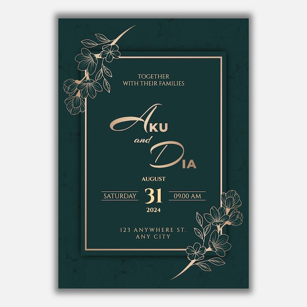 Elegante ouro e verde zamrud cor floral convite de casamento