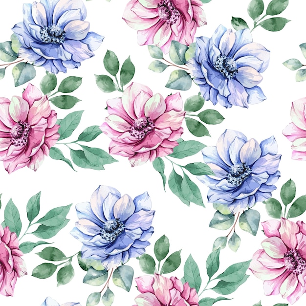 Elegante padrão floral sem costura com flores de anêmona aquarela e vegetação