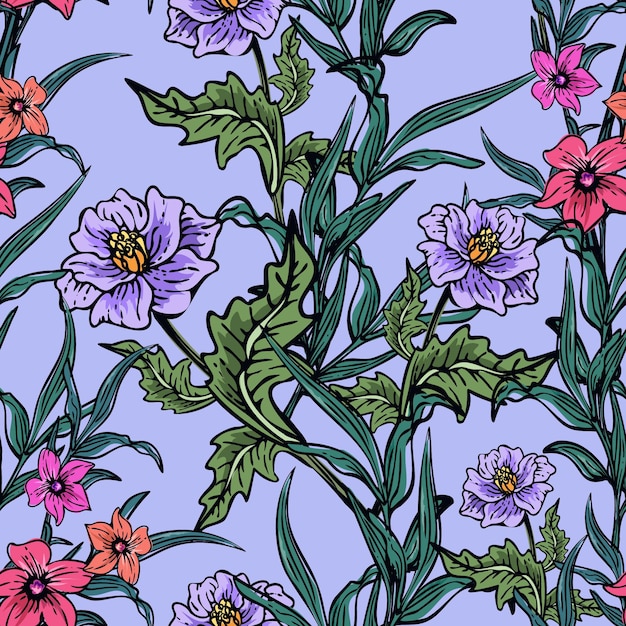Elegante padrão sem costura colorido desenhado à mão com ilustração de desenho floral botânico