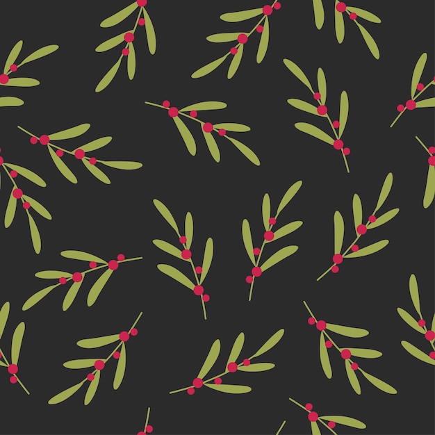 Elegante padrão sem costura com ramo de folhas verdes e frutas vermelhas em fundo escuro