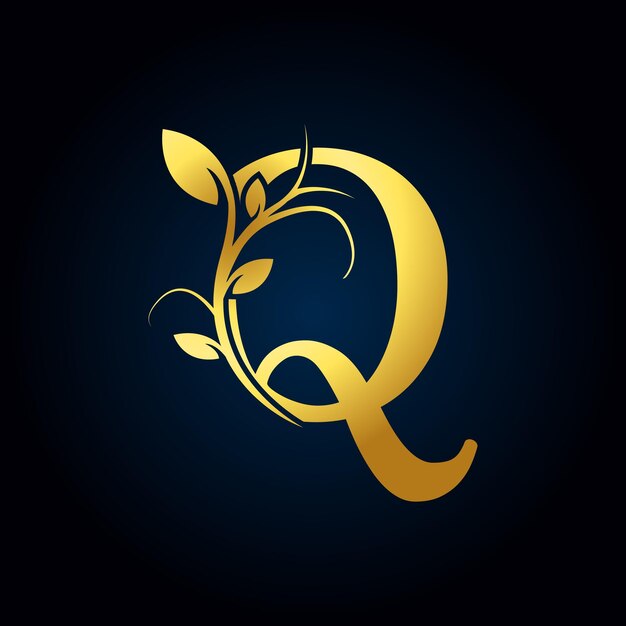 Elegante Q Luxo Logotipo Alfabeto Floral Dourado com Folhas de Flores Perfeito para Bijuterias da Moda