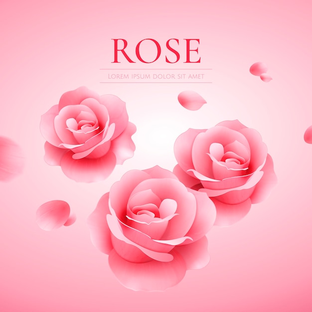 Elegantes flores rosas com pétalas voadoras na ilustração 3d