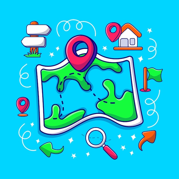 Vetor elemento de clipart de mapa e localização com estilo de doodle desenhado à mão colorida