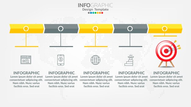 Elemento de cor de etapas de infografia com seta, diagrama gráfico, conceito de marketing on-line de negócios.