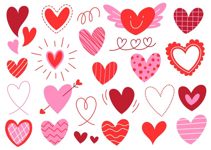 Vetor elemento de coração bonito dia dos namorados amor rosa vermelho doodle cartoon ilustração vetorial conjunto coleção
