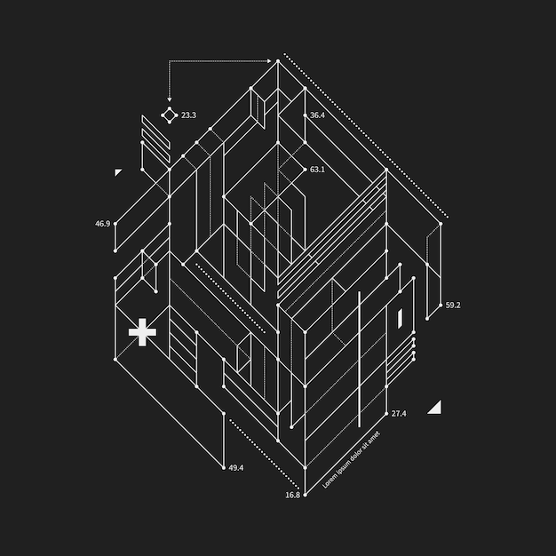 Elemento de design abstrato no estilo de rascunho no fundo preto. Útil para impressões e cartazes de techno.