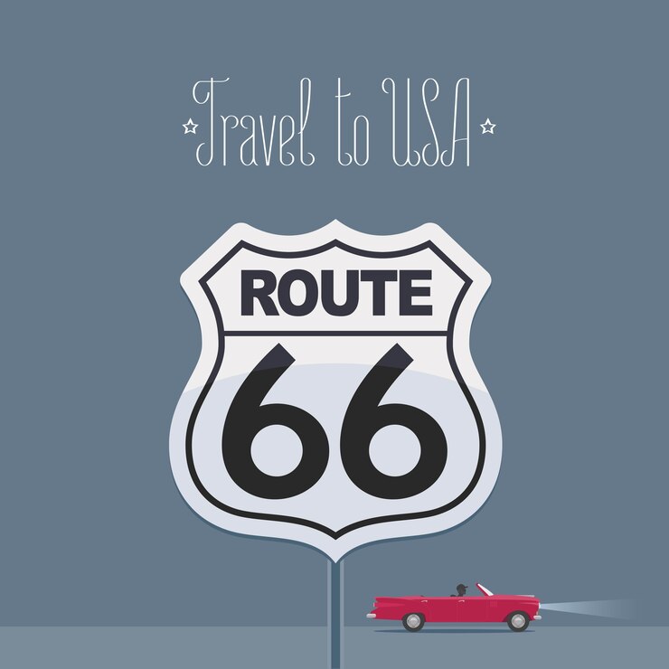 Elemento de design com um carro e uma famosa rodovia americana 66 para viajar para a América