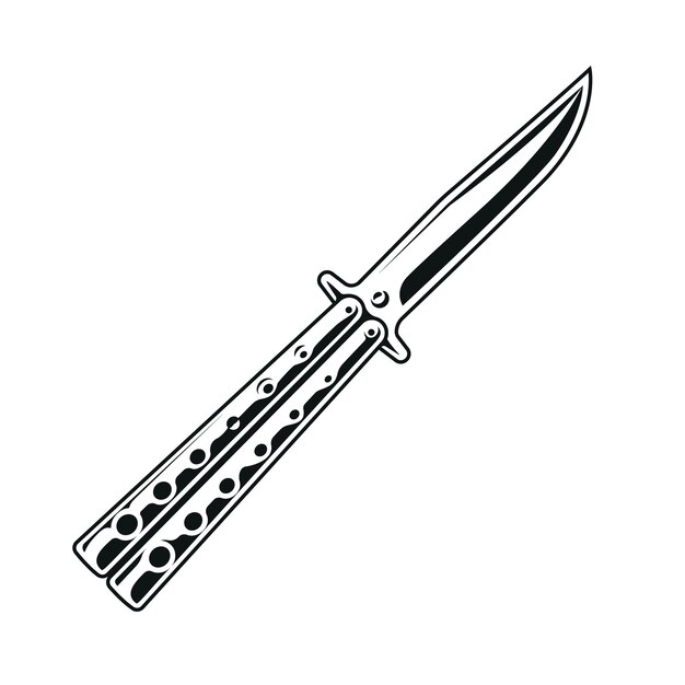 Elemento de design de faca balisong vetorial faca de borboleta monocromática simples isolada em branco