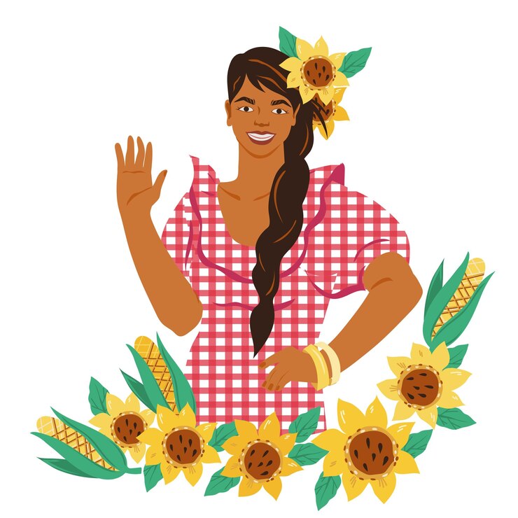 Vetor elemento de design de férias festa junina personagem de linda mulher brasileira com girassóis e milho brasil june festival e folklore holiday ilustração vetorial plana isolada no fundo branco
