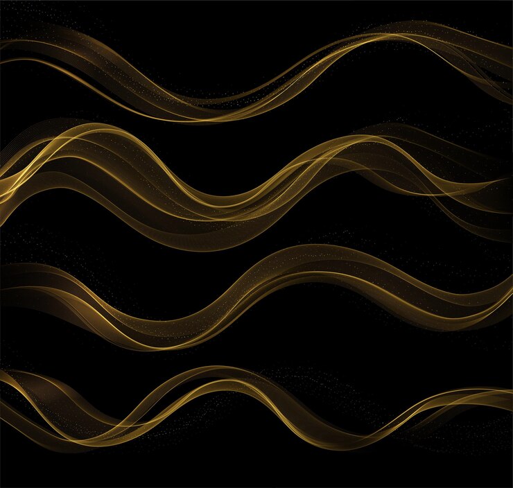 Vetor elemento de design de linhas móveis douradas brilhantes de ondas abstratas de ouro com efeito glitter em fundo escuro para cartão e voucher de desconto