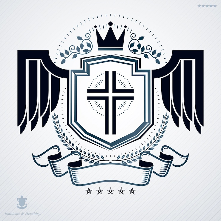 Vetor elemento de design heráldico vetor vintage com asas. rótulo de estilo retrô criado usando cruz religiosa e coroa real