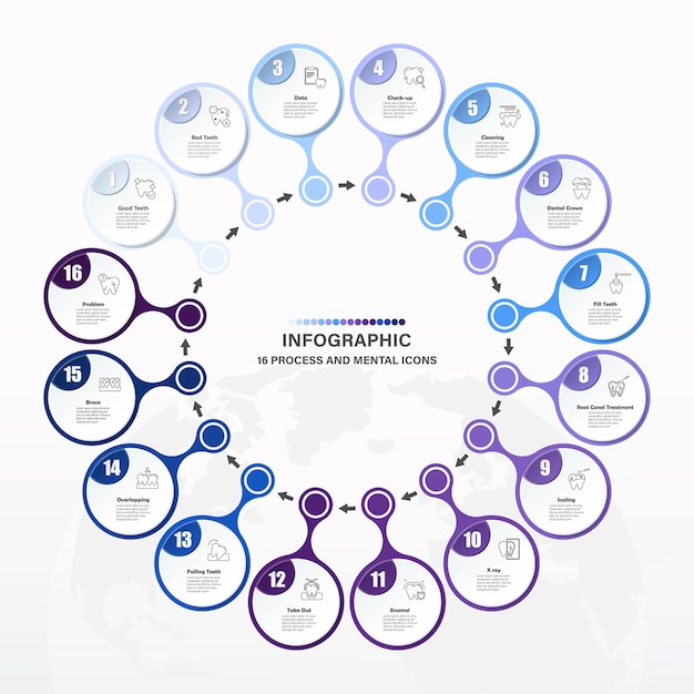 Vetor elemento de design infográfico com 16 etapas e ícones de negócios.