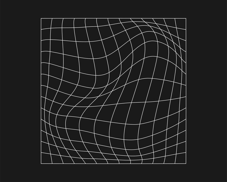 Elemento de design punk retrô de grade distorcida cibernética Grade de geometria de onda de estrutura de arame em fundo preto ilustração vetorial