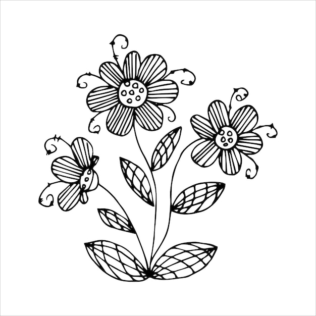 Elemento de doodle único de flor desenhada à mão para colorir imagem vetorial preto e branco