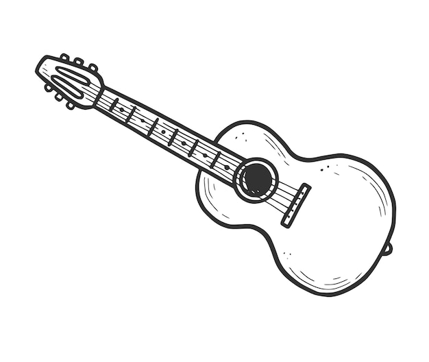 Elemento de guitarra acústica desenhada de mão. estilo de desenho do doodle. desenho de linha simples ícone de violão de música. ilustração isolada do vetor.