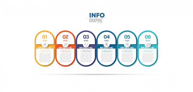 Elemento de infográfico com ícones e 6 opções ou etapas. Pode ser usado para processo, apresentação, diagrama, layout de fluxo de trabalho, gráfico de informação, design web.